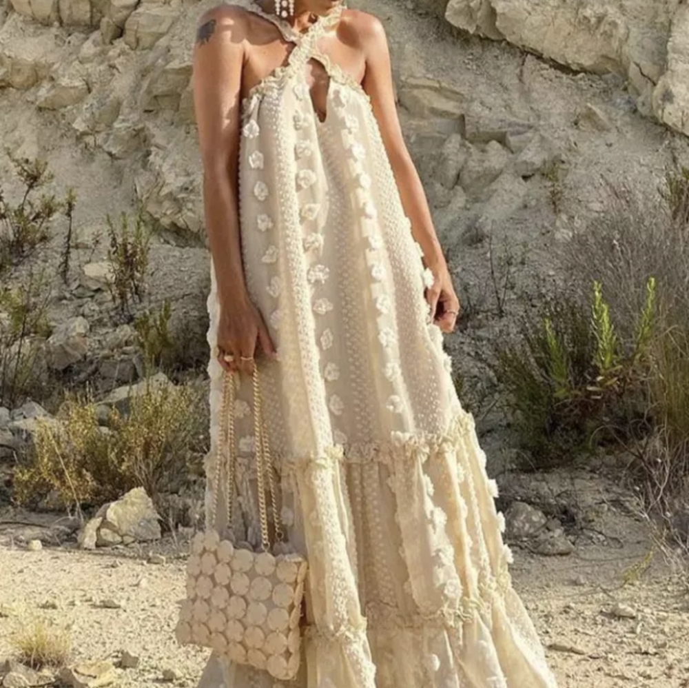 NWT BOHEMIAN BEACH VACATION RESORT LONG POM POM MAXI DRESS SIZE: SMALL-LARGE
